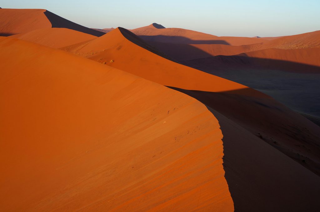 Dramatic desert landscape of Sossusvlei's orange dunes at sunrise, casting long shadows.