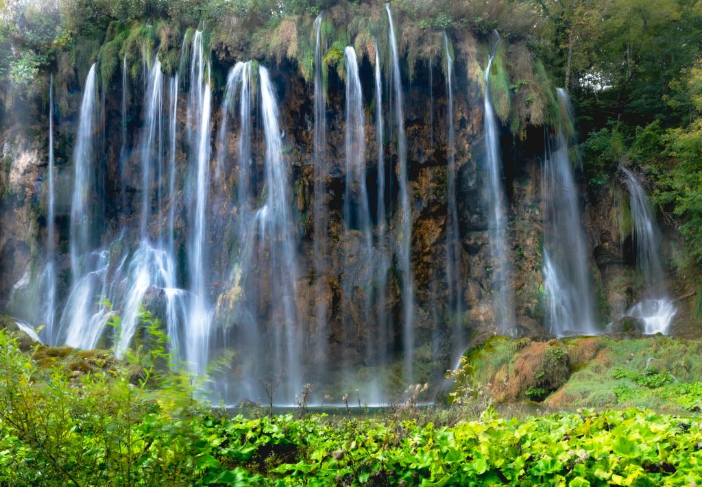 Beautiful cascading waterfalls at Plitvice Lakes National Park in Croatia.